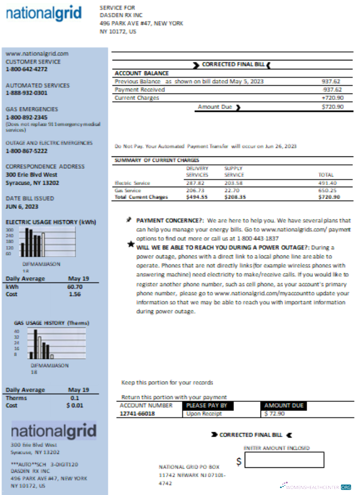 Download New York National Grid utility business bill, Word and PDF template SCR Photoshop template